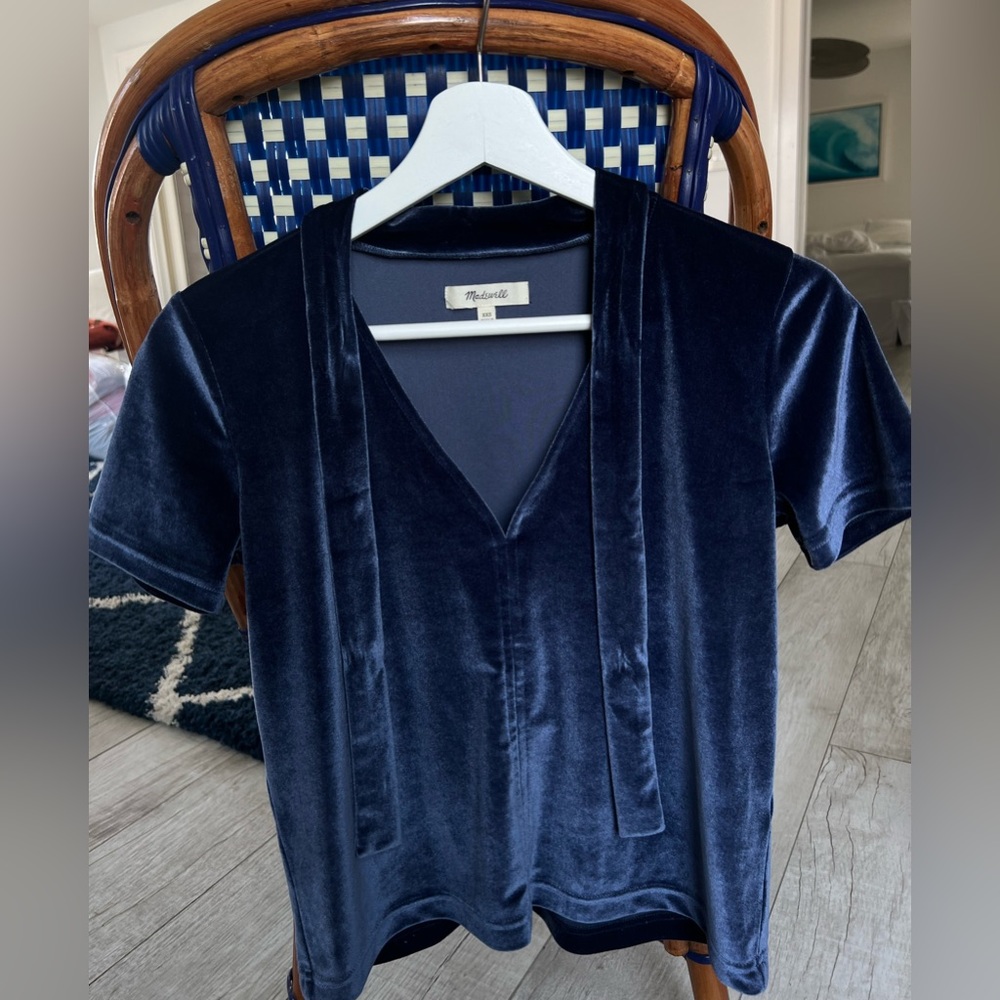 Madewell Blue Velvet Tie-Neck Top Size XXS!